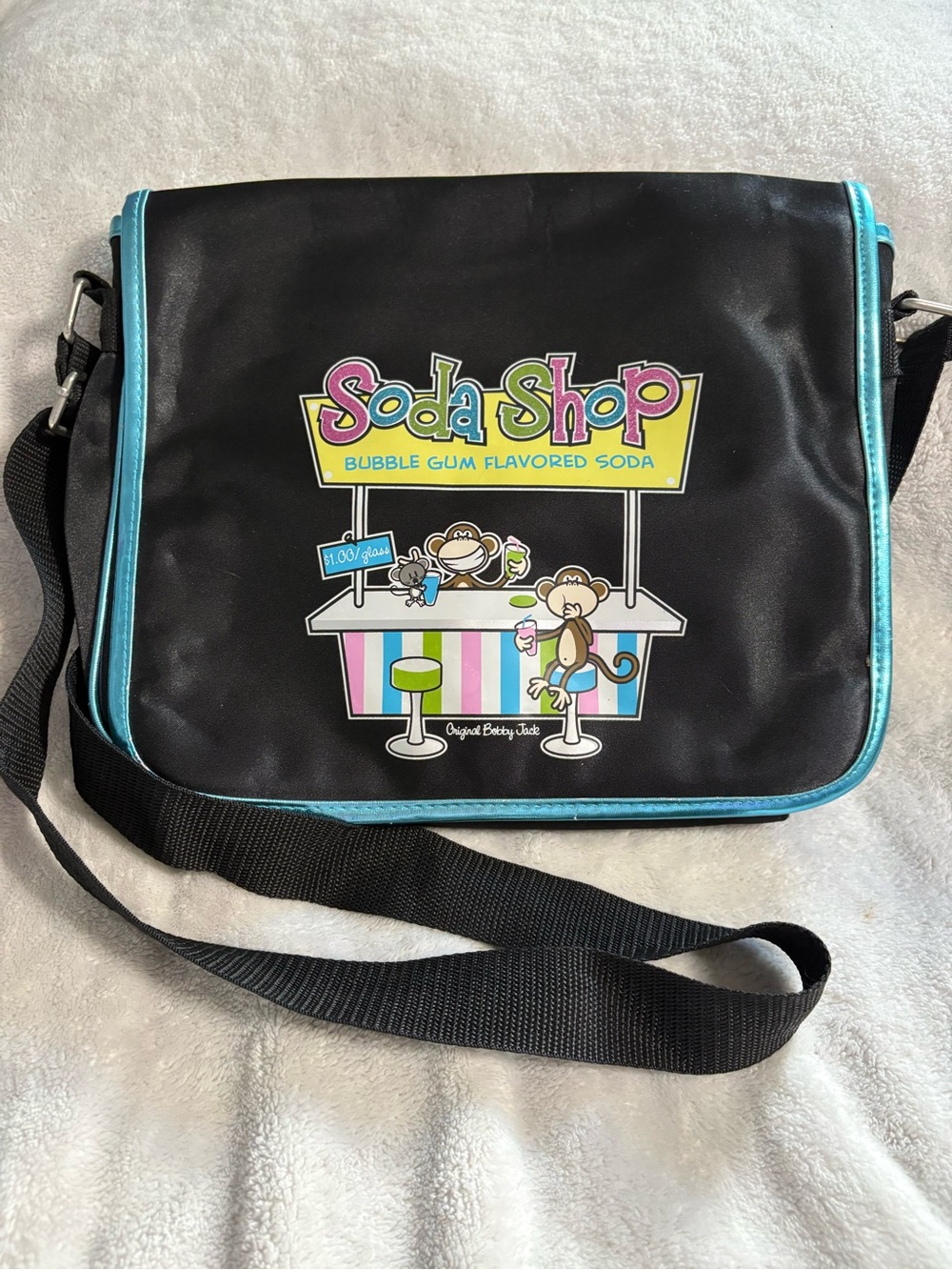 Soda Shop Bobby Jack Bubble Gum Graphic Crossbody Bag - Black & Teal Trim